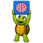 Cartoon turtle holding up a brain logo for mindset