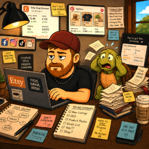 Cartoon Etsy seller working at a laptop surrounded by shop statistics, Pinterest pins, social media notifications, notes, and unfinished tasks while an overwhelmed turtle looks on.