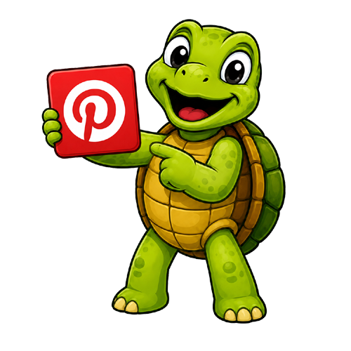 Cartoon illustration of Sheldon smiling while holding a red Pinterest logo sign