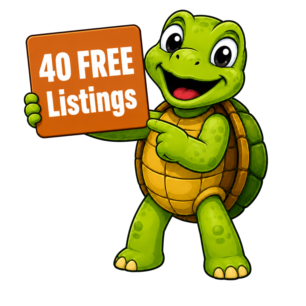 Cartoon turtle holding up a sign that offers 40 FREE listings on Etsy