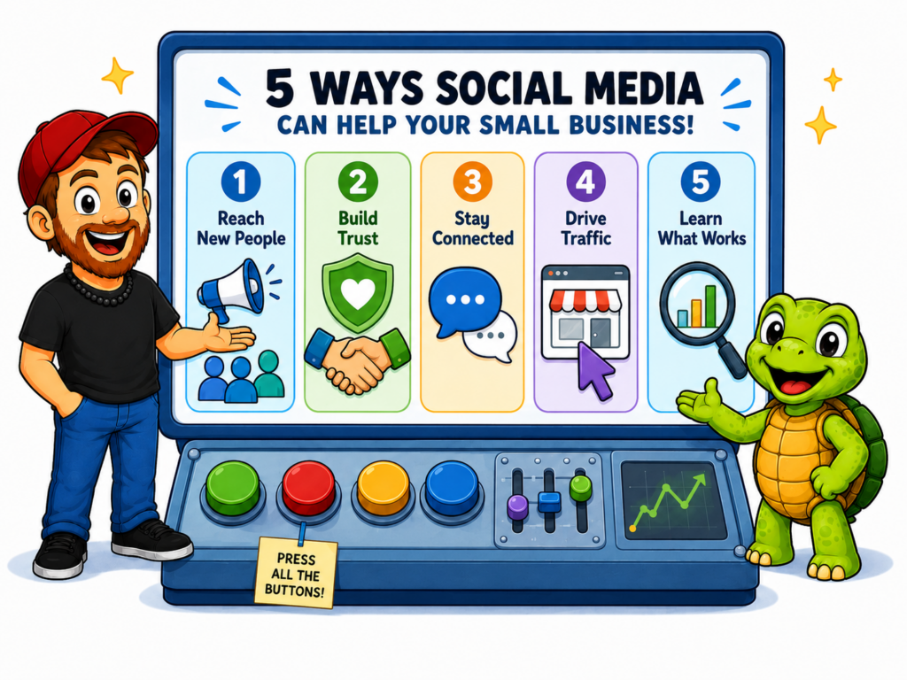 Cartoon infographic showing 5 ways social media can help a small business, with Mike on one side and Sheldon the turtle on the other