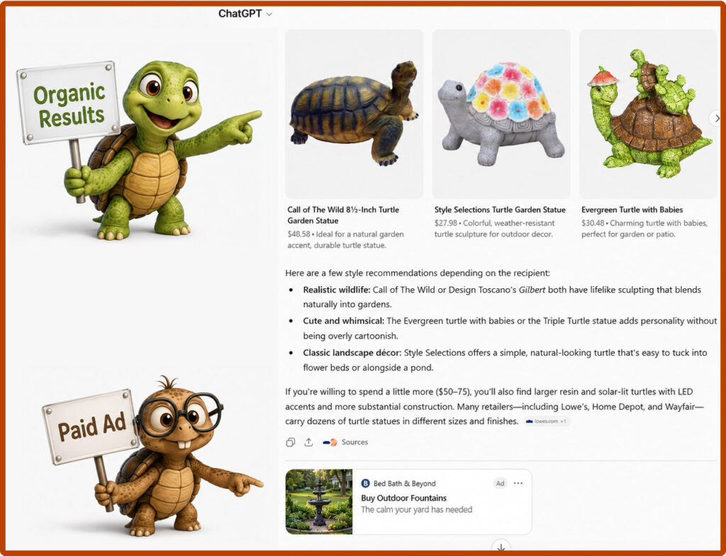 Sheldon points to organic turtle product results in ChatGPT while Tater Tot points to a separately labeled paid ad.