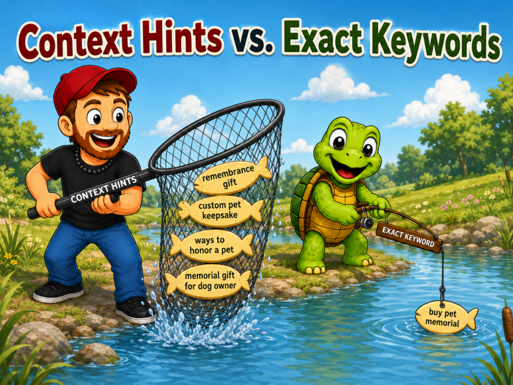 Mike uses a wide net labeled Context Hints to catch several related phrases while Sheldon fishes for one Exact Keyword.