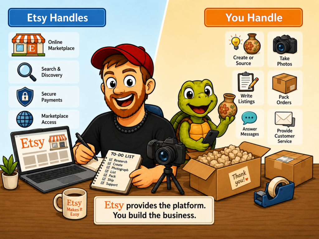 Cartoon of Mike and his turtle showing what Etsy handles versus what the seller must manage.