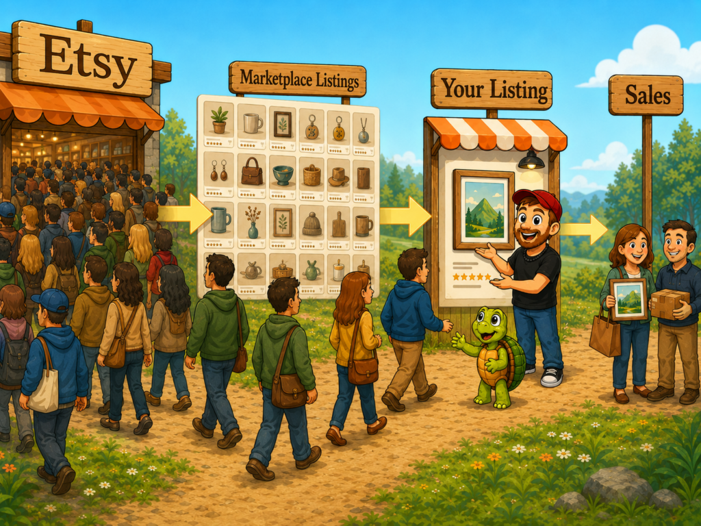 Cartoon showing Etsy marketplace traffic flowing from many shoppers to marketplace listings, with only a few reaching your listing and becoming sales.