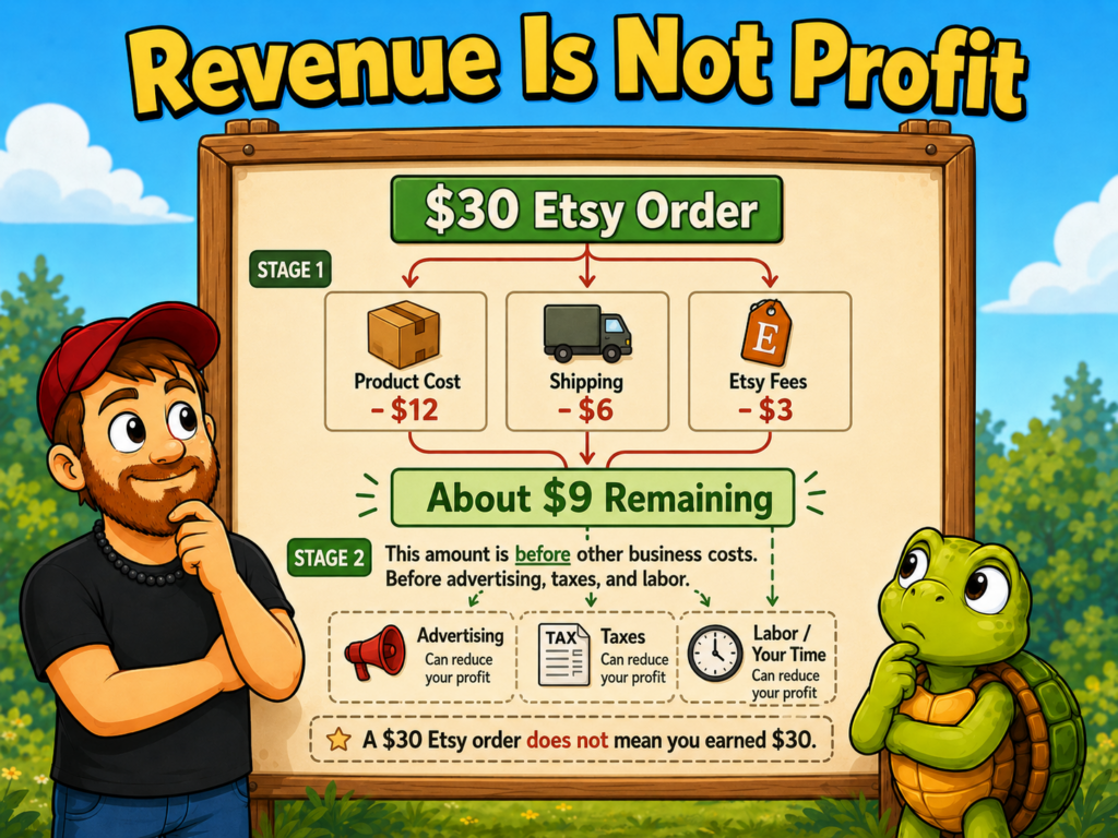 Cartoon showing a $30 Etsy order reduced by product cost, shipping, and Etsy fees, leaving about $9 before advertising, taxes, and labor.