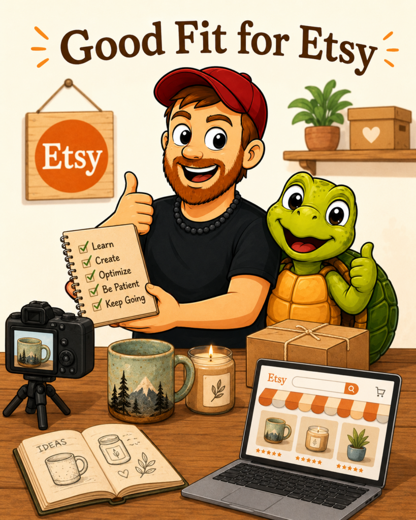 Cartoon of Mike and his turtle showing the qualities of a good fit for selling on Etsy, including learning, creating, patience, and product photography.