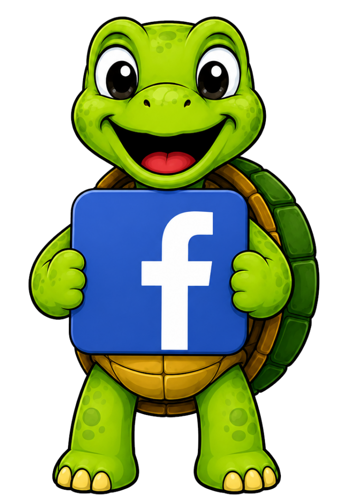 Cartoon of Sheldon the turtle smiling and holding a Facebook logo