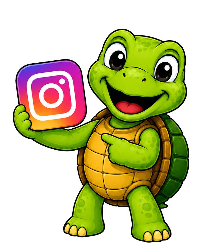 Cartoon of Sheldon the turtle smiling and holding an Instagram logo