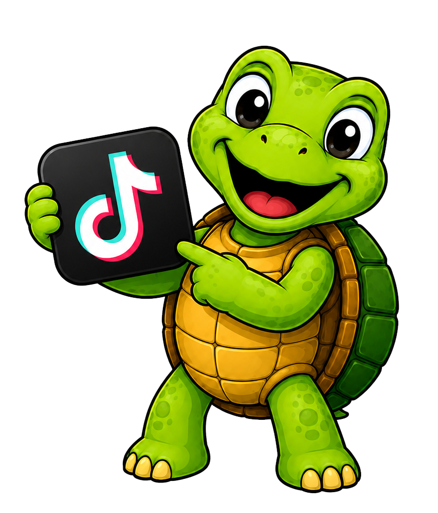 Cartoon of Sheldon the turtle smiling and holding a TikTok logo