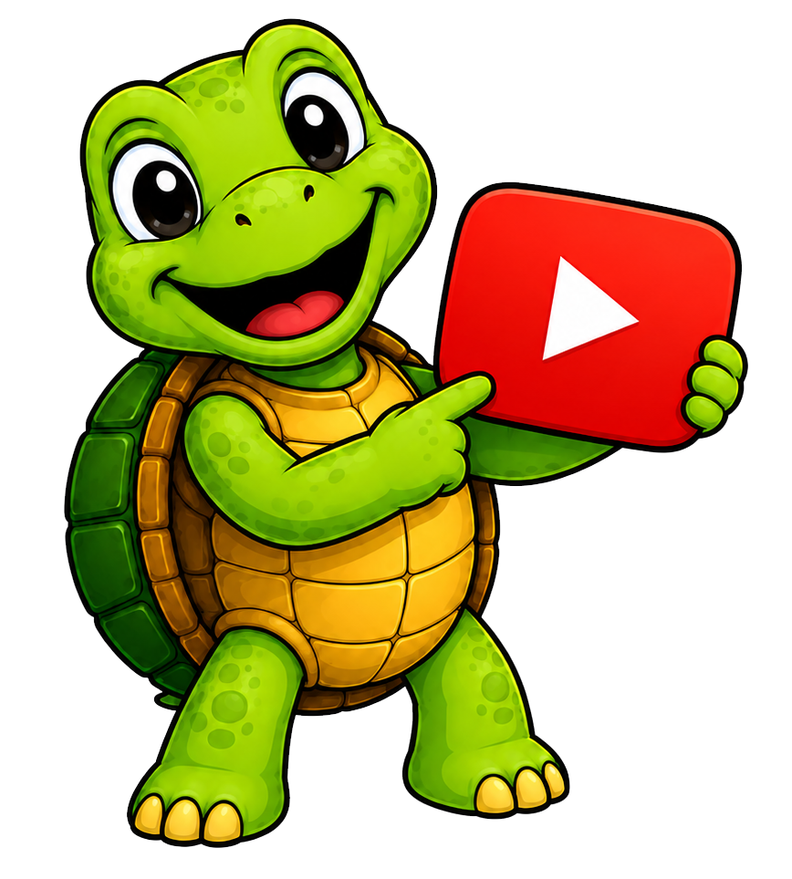 Cartoon of Sheldon the turtle smiling and holding a YouTube logo