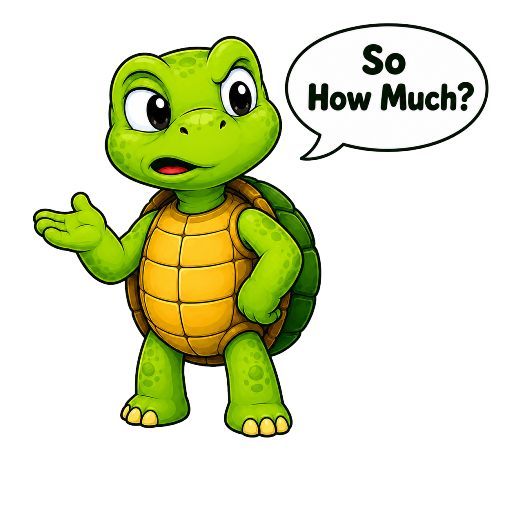 Cartoon turtle asking how much a Pinterest business account costs.