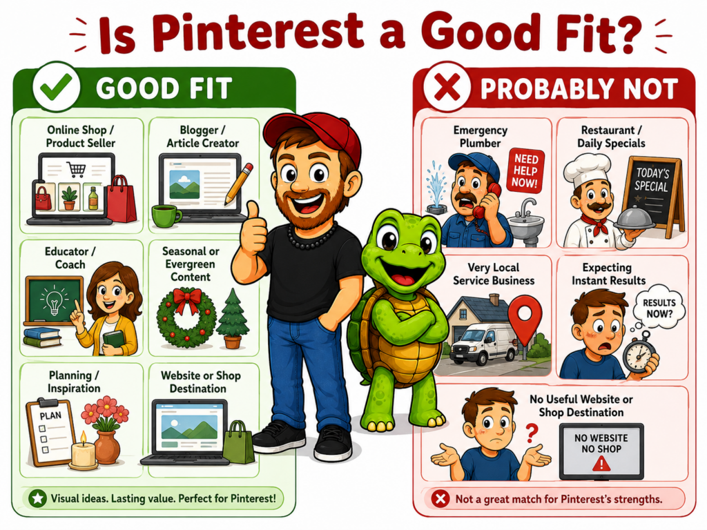 Cartoon infographic showing which businesses are a good fit for Pinterest and which are probably not, with Mike and his turtle standing between the two groups.
