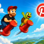 Cartoon Mike and his turtle flying through the sky on giant red pushpins toward a Pinterest logo.