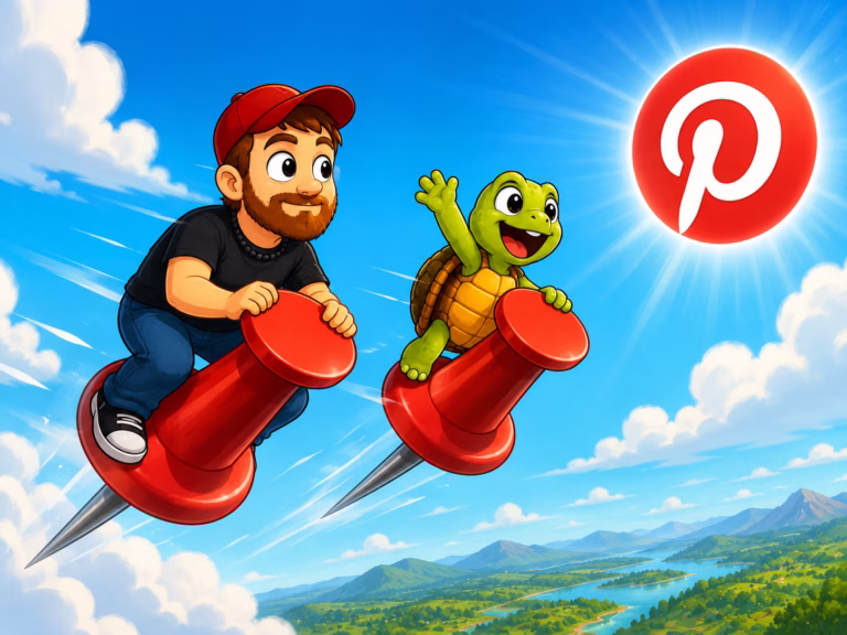 Cartoon Mike and his turtle flying through the sky on giant red pushpins toward a Pinterest logo.