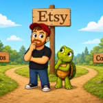 Cartoon of Mike and his turtle considering the pros and cons of selling on Etsy