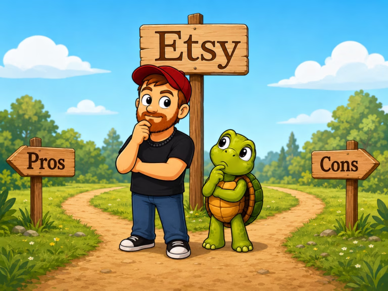 Cartoon of Mike and his turtle considering the pros and cons of selling on Etsy