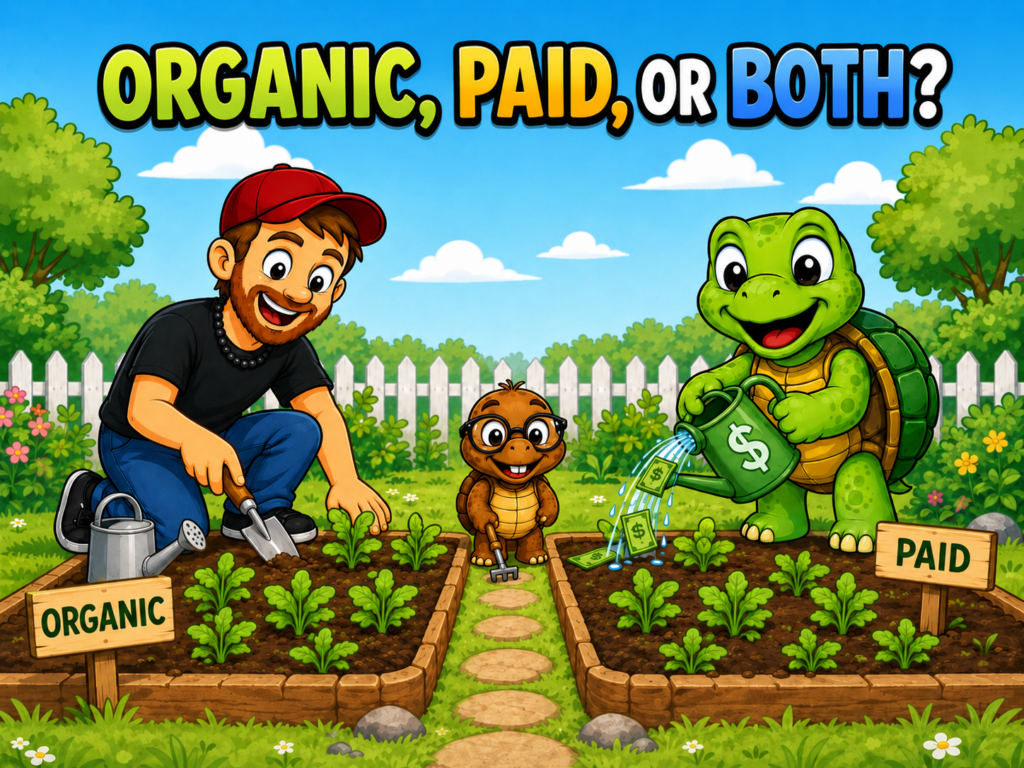Cartoon showing Mike tending an organic social media garden while Sheldon waters a paid social media garden with money, with Tater Tot between them
