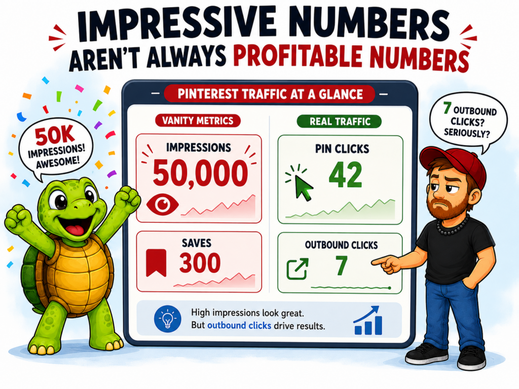 Cartoon infographic showing 50,000 Pinterest impressions, 300 saves, 42 Pin clicks, and only 7 outbound clicks, with the turtle celebrating while Mike points to the low traffic number.