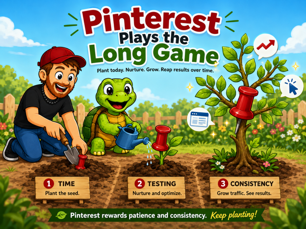 Cartoon Mike and his turtle planting and watering red pushpins that grow into a tree, illustrating how Pinterest results can develop over time through testing and consistency.