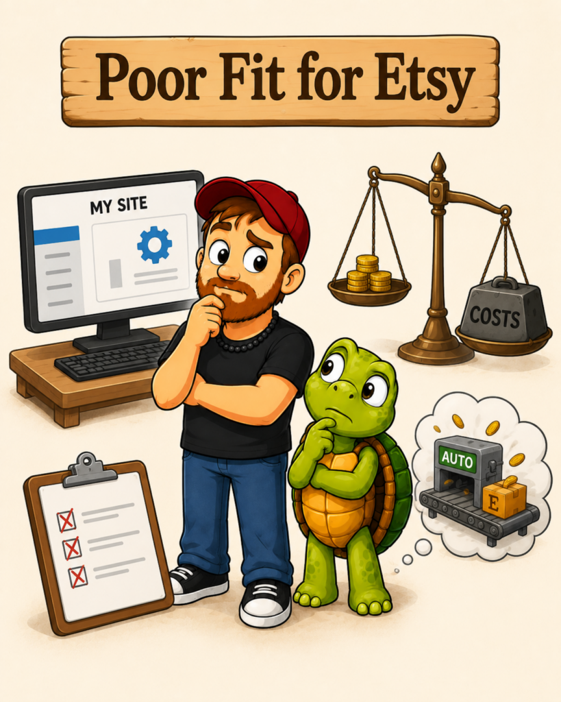 Cartoon of Mike and his turtle showing why Etsy may be a poor fit for sellers who want full control, have thin profit margins, dislike marketplace rules, or expect automatic sales.