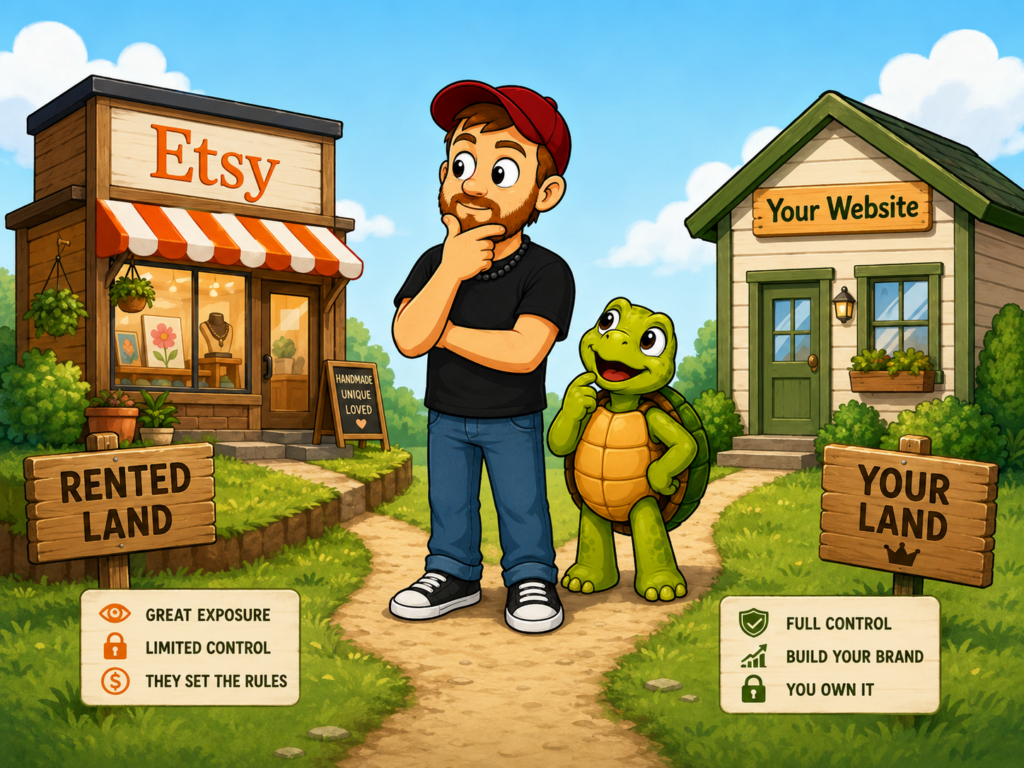 Cartoon of Mike and his turtle comparing an Etsy shop on rented land with an independent website they own and control.