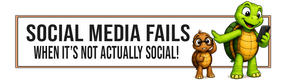 Sheldon looks at his phone while brushing off a confused Tater Tot beside the words, “Social Media Fails When It’s Not Actually Social.”