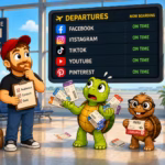 Cartoon of Mike, Sheldon, and Tater Tot in an airport terminal choosing between social media platforms on a departures board