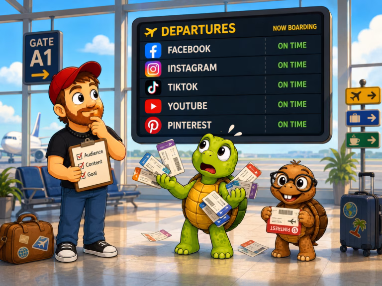 Cartoon of Mike, Sheldon, and Tater Tot in an airport terminal choosing between social media platforms on a departures board