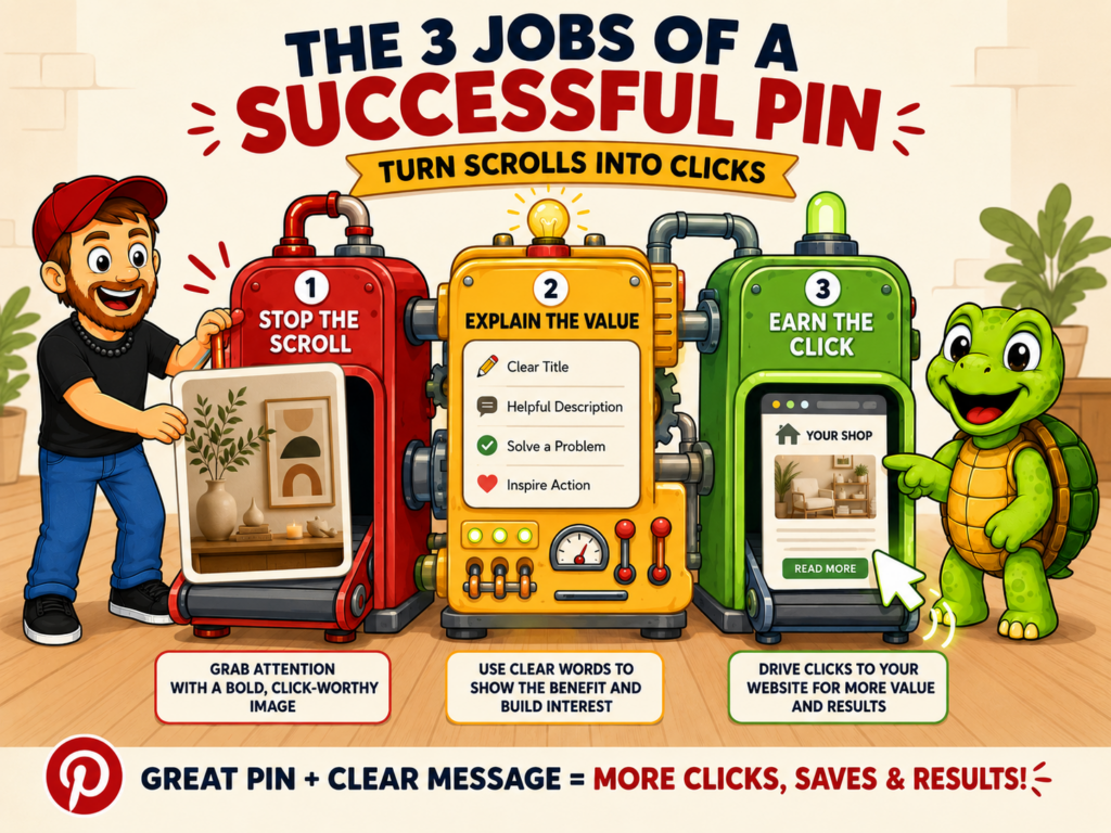 Cartoon infographic showing Mike and his turtle using a three-part machine to explain the jobs of a successful Pinterest Pin: stop the scroll, explain the value, and earn the click.