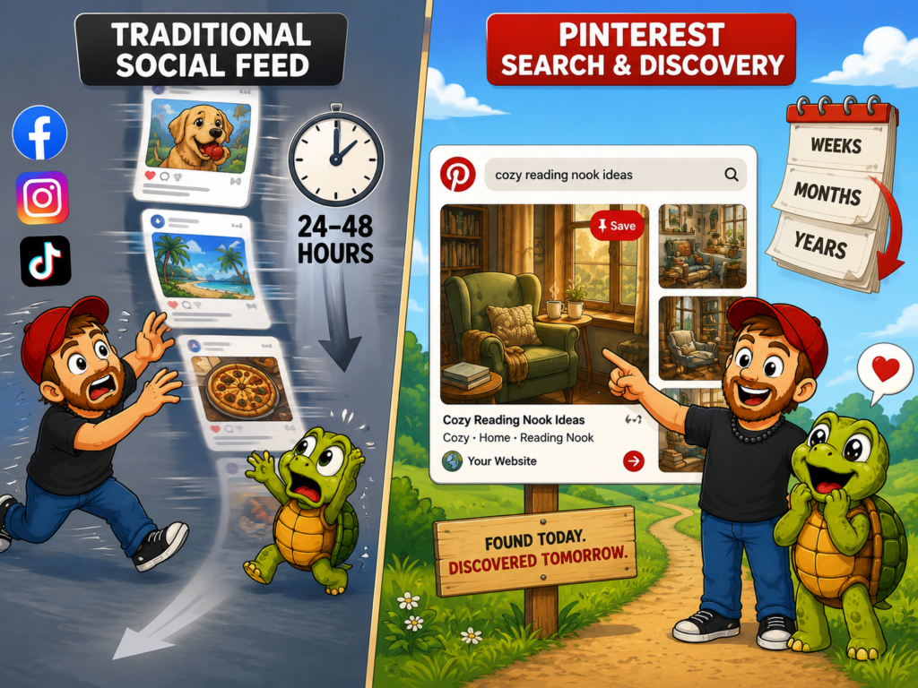 Split-panel cartoon graphic comparing a traditional social media feed with Pinterest search and discovery, featuring Mike and his turtle.