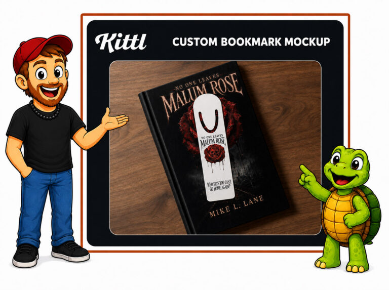 Kittl Mockup Studio custom metal bookmark mockup workaround featuring a Malum Rose book cover and U-shaped bookmark