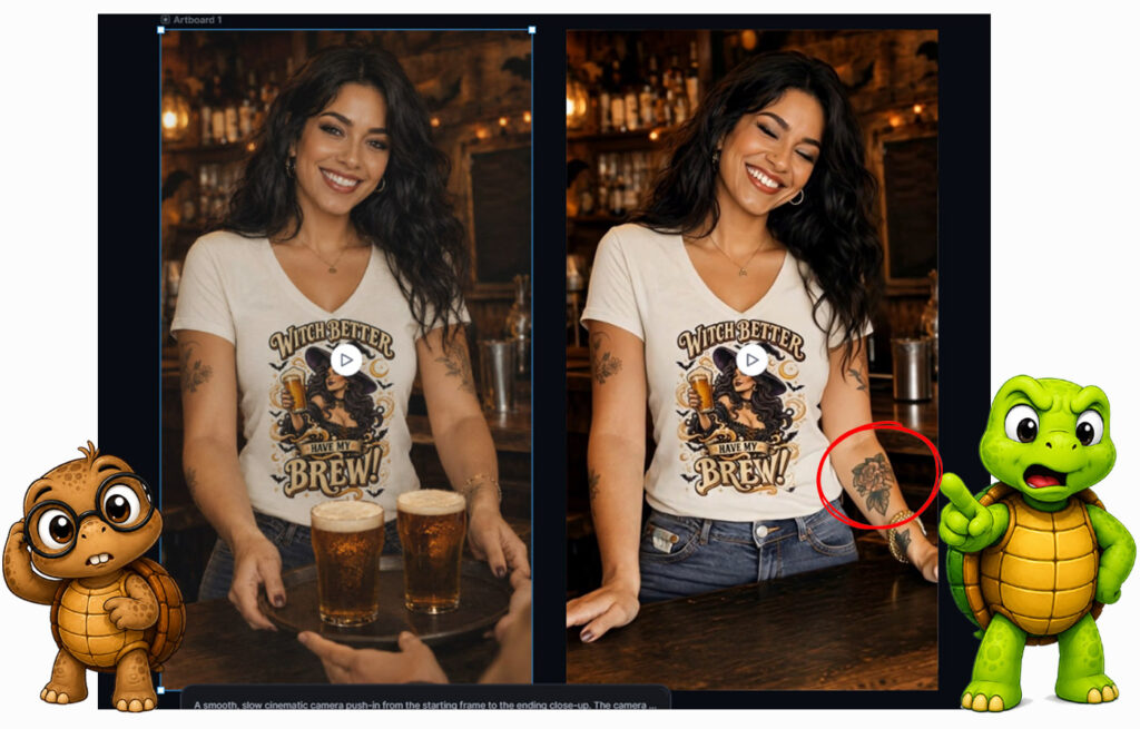 Side-by-side Kittl video clips show an AI-generated tattoo appearing on the bartender’s forearm, circled in red.