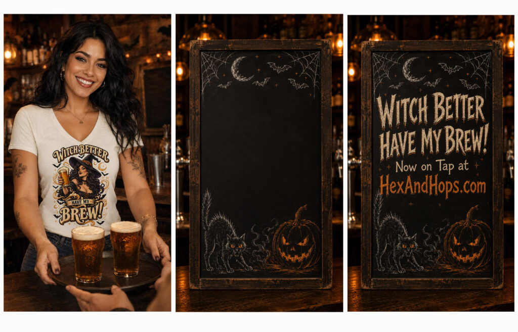 Three reference images for a Kittl AI product video: bartender wearing Witch Better Have My Brew shirt, blank Halloween chalkboard, and completed HexAndHops chalkboard.