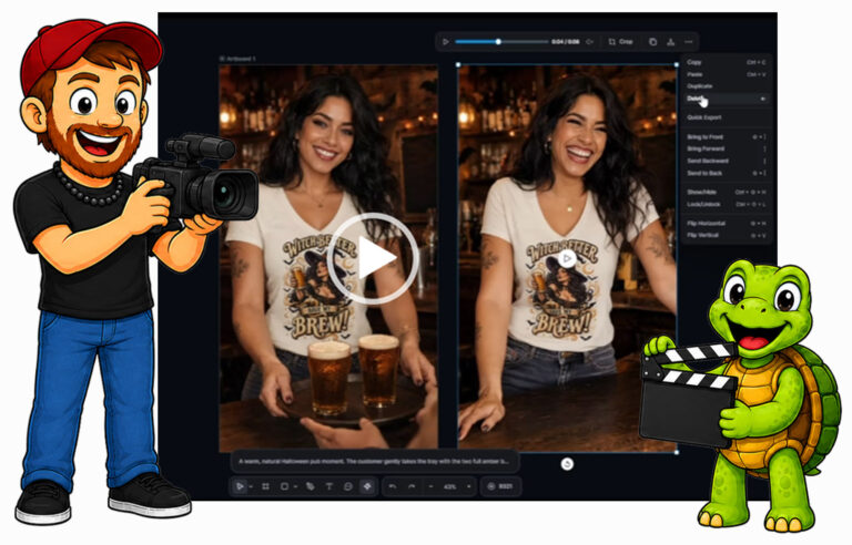 Mike and Sheldon mascots frame the Kittl editor showing a bartender T-shirt design and AI video preview.