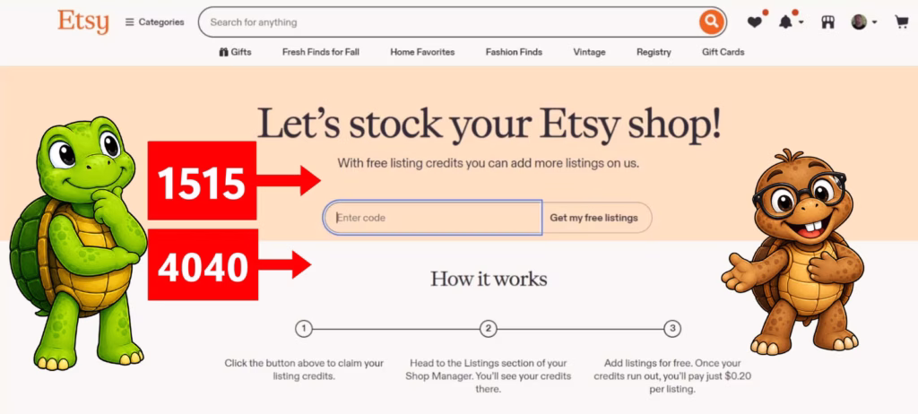Etsy free listing promotion page showing codes 1515 and 4040 for free listing credits
