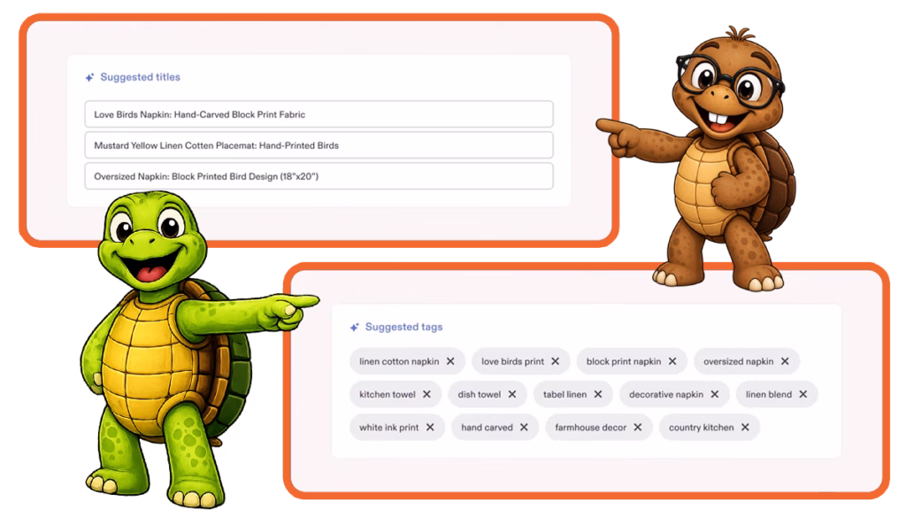 Etsy Quick Fill listing form showing suggested titles and tags