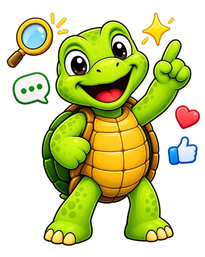 Cartoon turtle representing Etsy shopper discovery through search, social media, and AI
