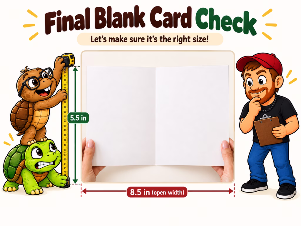Cartoon infographic showing Mike, Sheldon, and Tater Tot checking the size of a blank greeting card mockup to make sure the final card proportions are correct before video creation.