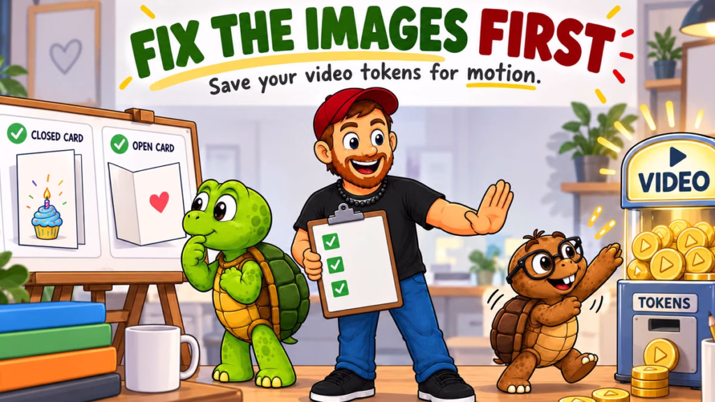 Mike, Sheldon, and Tater Tot checking greeting card images before using Kittl video tokens.