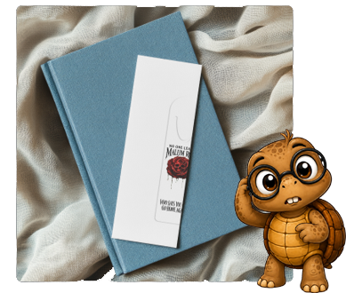 Book with failed bookmark mockup as cartoon turtle looks confused