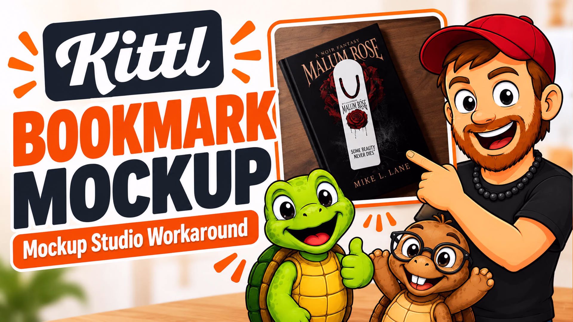 Kittl Mockup Studio custom metal bookmark mockup workaround featuring a Malum Rose book cover and U-shaped bookmark