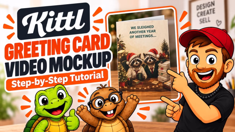 Kittl greeting card video mockup tutorial featuring Mike, Sheldon, and Tater Tot with a Christmas greeting card design
