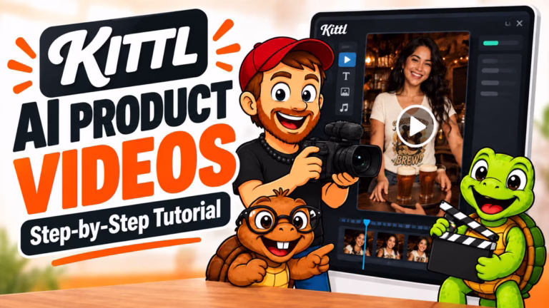 Mike, Sheldon and Tater Tot mascots frame the Kittl editor showing a bartender T-shirt design and AI video preview.