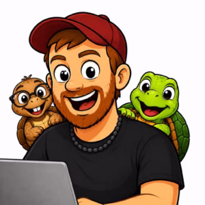Cartoon portrait of Mike L Lane with his turtle buddies, Tater Tot and Sheldon looking at a laptop.