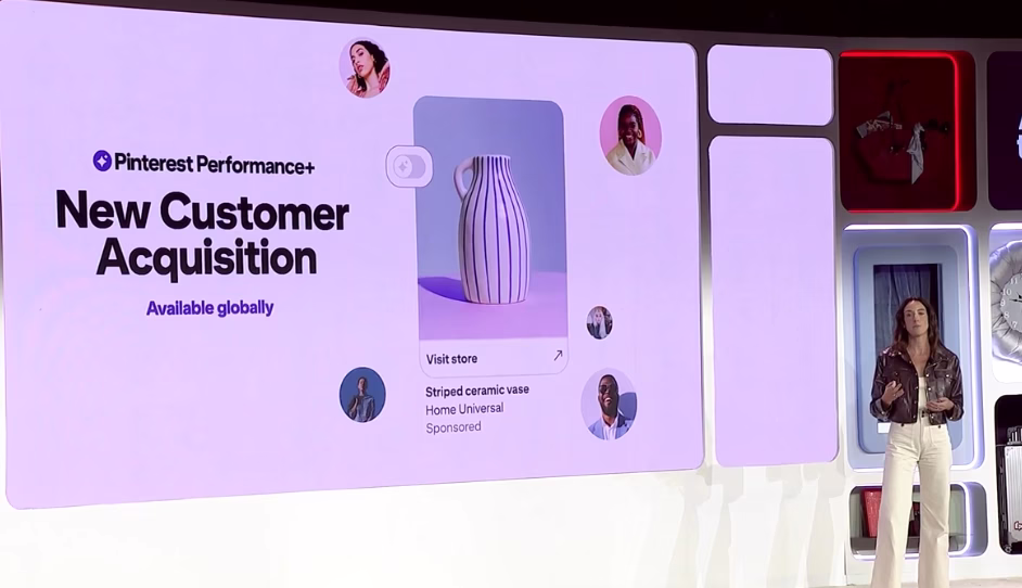Pinterest Presents 2026 slide announcing Pinterest Performance+ New Customer Acquisition, available globally.