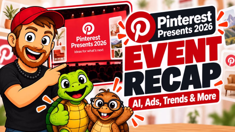 Cartoon Mike with Sheldon and Tater Tot beside a Pinterest Presents 2026 event recap graphic.