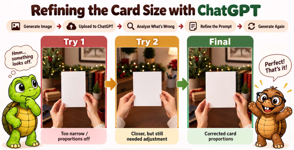 Infographic showing how ChatGPT helped refine a greeting card mockup image through three tries until the card proportions were corrected.