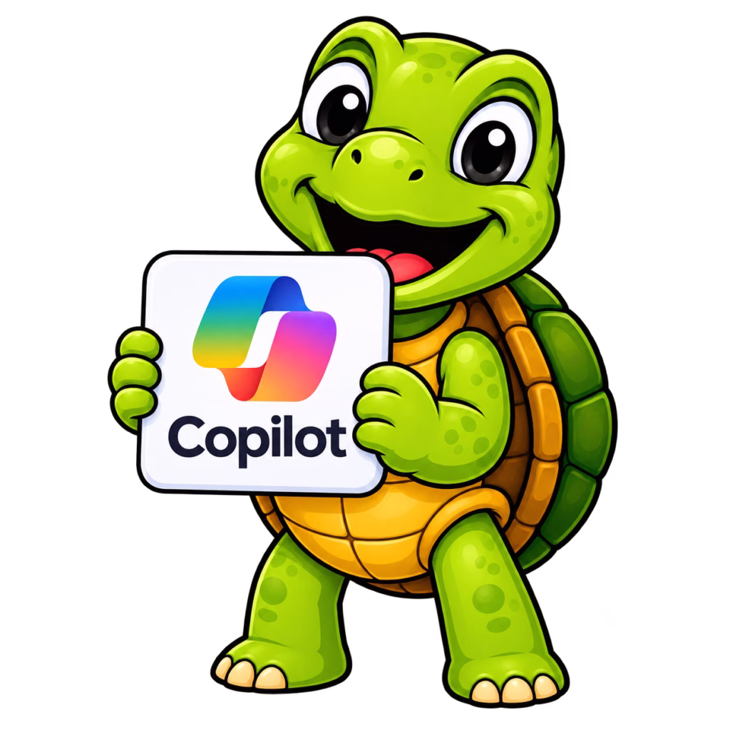 Sheldon turtle mascot holding a Microsoft Copilot logo sign