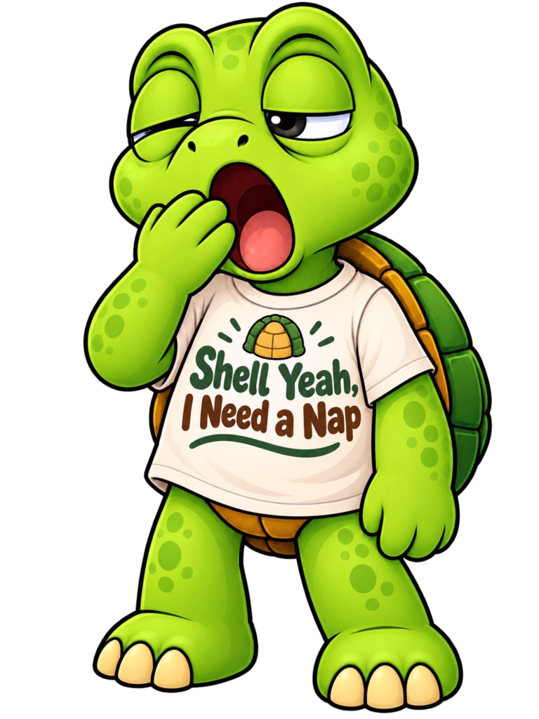 Cartoon turtle Sheldon yawning while wearing a white T-shirt that says Shell Yeah, I Need a Nap